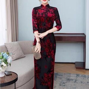 Elegant Black and Red Floral Dress